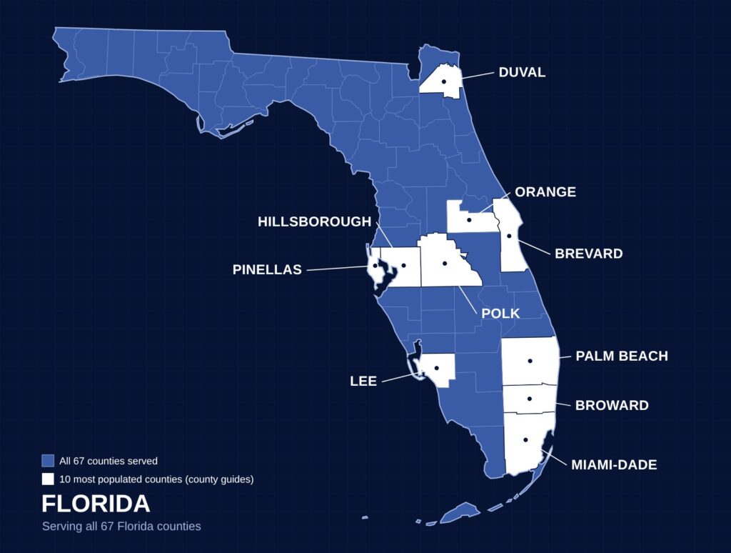 Map of Florida: permit expediting in all 67 counties, with the state's 10 most populated counties labeled