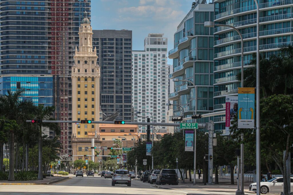 Downtown Miami street with the Freedom Tower and high-rises